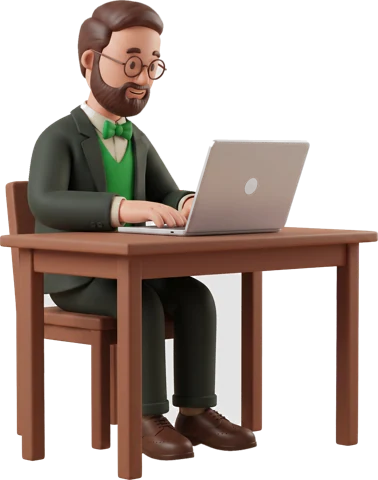Illustration: der Berater am Schreibtisch prüft KI-Antworten